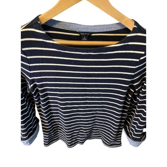 Nautica Navy Blue Boatneck Horizontal Stripe 3/4 Sleeve Pullover Top Sz M - Picture 4 of 6